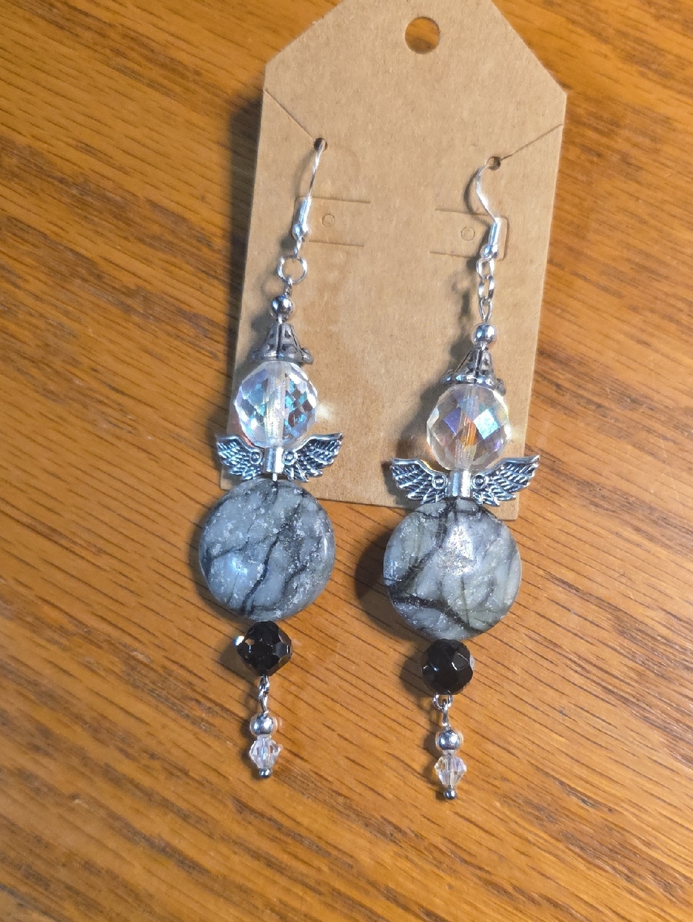 Crystal & Gray Stone Angel Wing Drop Earrings